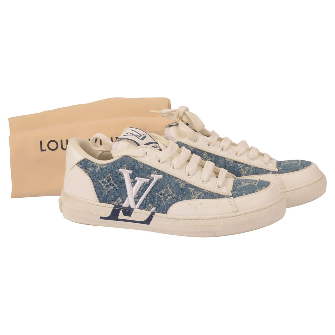 Monogram Denim Charlie Trainers by Louis Vuitton with Box and Dust Cover: Monogram Denim Charlie Trainers by Louis Vuitton with Box and Dust Cover The Louis Vuitton Charlie Trainers feature a monogram denim design in white and blue tones, offering a low-top silhouette with