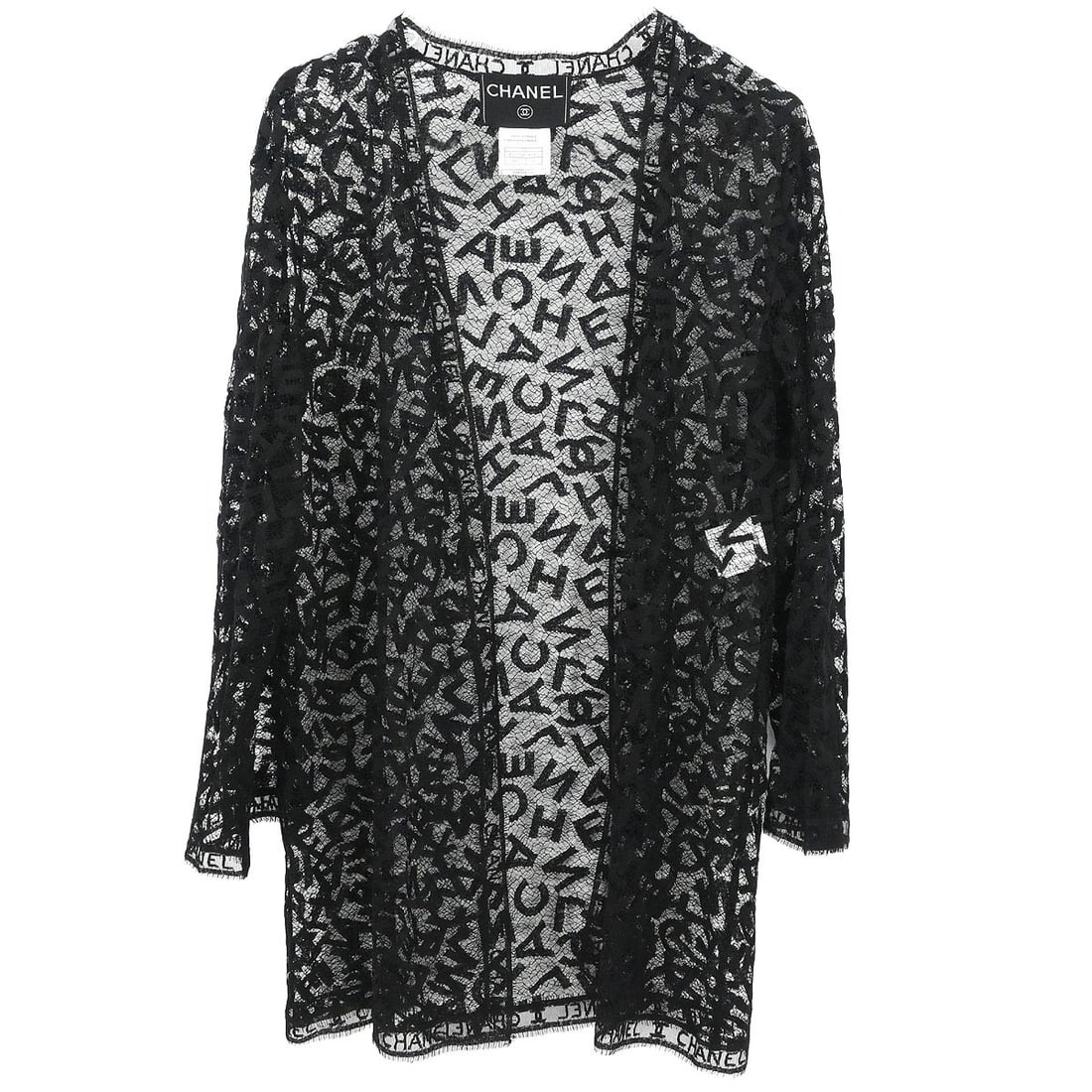 Black Lace Long Sleeve Cardigan by Chanel Size 36 98A: Black Lace Long Sleeve Cardigan by Chanel Size 36 98A This Chanel lace cardigan features a classic long sleeve design in black. Crafted from a blend of 72% cotton and 28% nylon, it offers a lightweigh