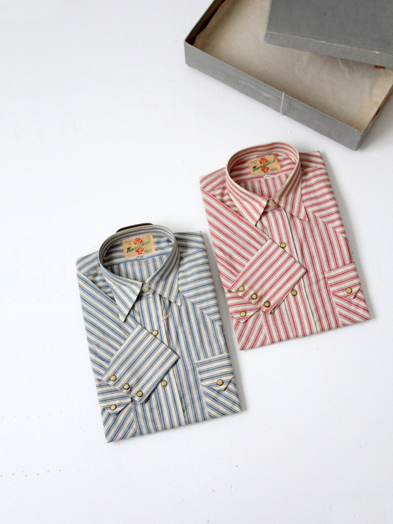 Rare Vintage 1950s Thunderbird Men's Western Shirt Set NOS: Rare Vintage 1950s Thunderbird Men's Western Shirt Set NOS Discover a rare set of two vintage 1950s Thunderbird men's western shirts, never worn and in pristine condition. This new old stock (NOS) col