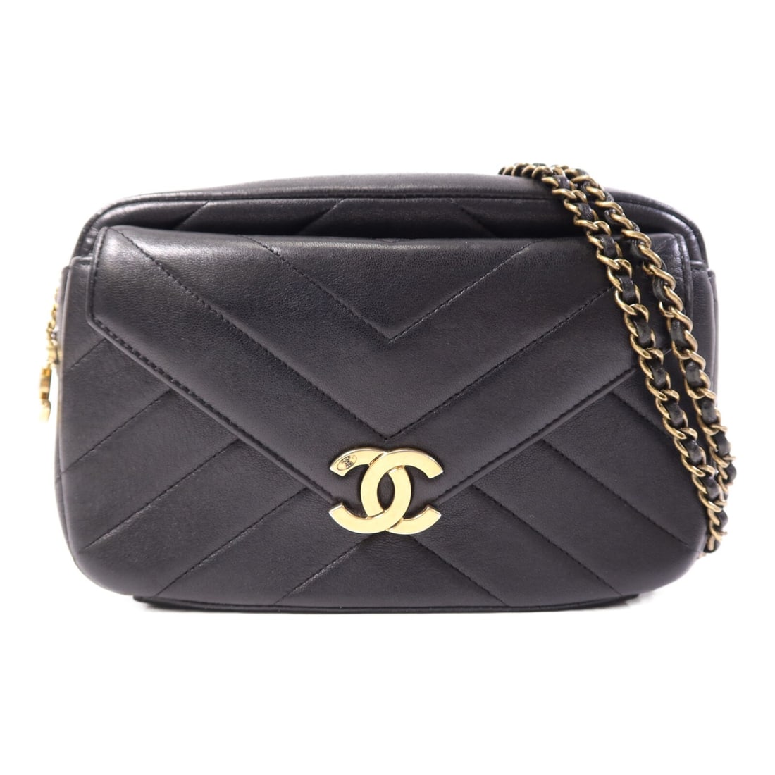 Black Calfskin Leather Chain Shoulder Bag by Chanel with CC Gold Hardware: Black Calfskin Leather Chain Shoulder Bag by Chanel with CC Gold Hardware This CHANEL shoulder bag features a classic black calfskin leather exterior and a stylish chain design. Crafted in France, it