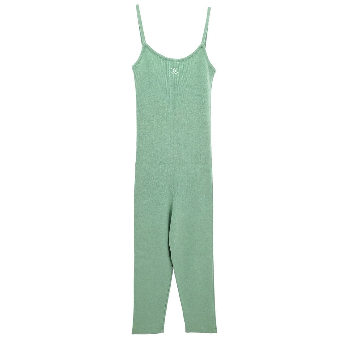Chanel Vintage Green Cashmere Jumpsuit Size 40: Chanel Vintage Green Cashmere Jumpsuit Size 40 Elevate your wardrobe with this vintage Chanel Jumpsuit in a vibrant green hue, crafted from 100% cashmere for luxurious comfort. This sleeveless pant su