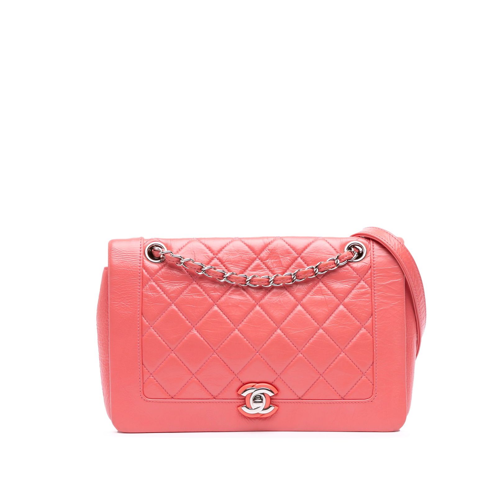 Chanel Vintage Pink Crumpled Calfskin Bi Quilted Full Flap Bag: Chanel Vintage Pink Crumpled Calfskin Bi Quilted Full Flap Bag This Chanel Crumpled Calfskin Bi Quilted Vintage Full Flap shoulder bag is a stunning accessory made from luxurious quilted crumpled calf