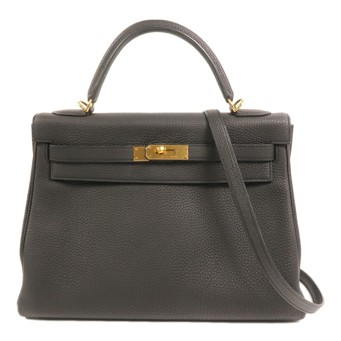 Hermes Kelly 32 Black Taurillon Clemence Calfskin Shoulder Bag with Gold Hardware: Hermes Kelly 32 Black Taurillon Clemence Calfskin Shoulder Bag with Gold Hardware This Hermes Kelly 32 is a versatile 2-way shoulder bag crafted from Taurillon Clemence calfskin leather in black. Feat