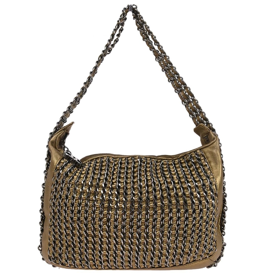 Gold Lambskin Small Triple Chain Top Handle Bag by Chanel: Gold Lambskin Small Triple Chain Top Handle Bag by Chanel This Chanel Triple Chain handbag features a luxurious gold lambskin exterior and a quilted design. The bag is styled with a top handle and a z