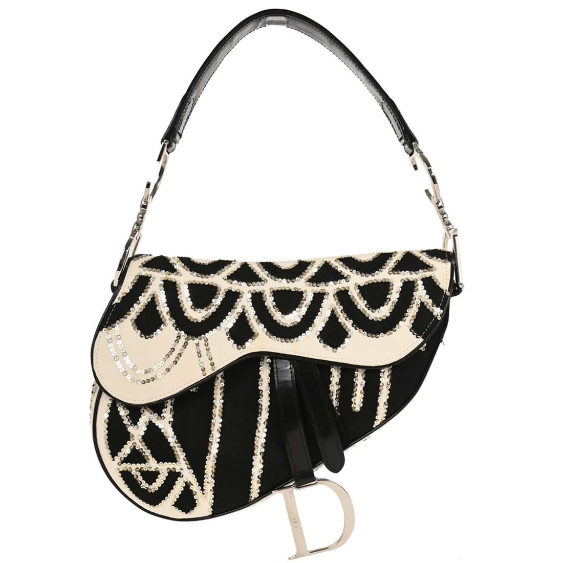 Dior White Black Sequins Saddle Handbag RE0273 Italy: Dior White Black Sequins Saddle Handbag RE0273 Italy Introducing the Christian Dior White and Black Sequins Saddle Handbag, a stunning blend of elegance and style. This medium-sized handbag features a