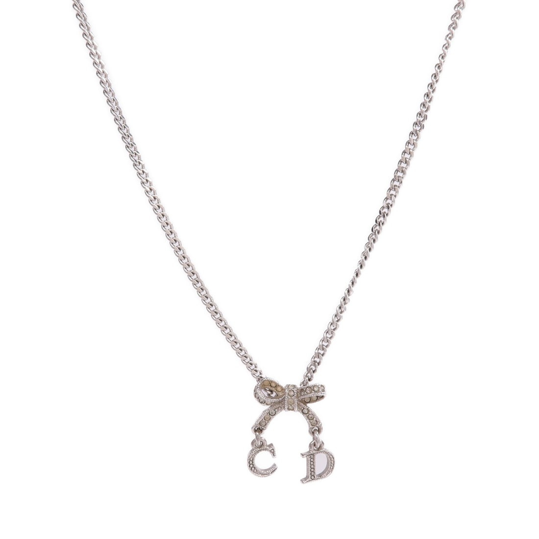 Silver Tone Necklace with CD Pendant by Dior: Silver Tone Necklace with CD Pendant by Dior This Christian Dior necklace features a silver-tone metal design with no main stone, offering a classic and elegant accessory. Made in France, it is in ver
