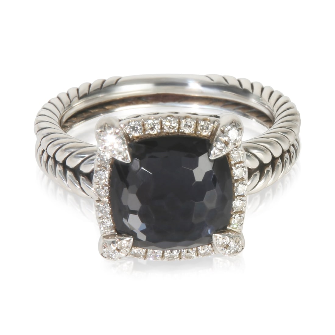 Black Orchid Chatelaine Ring in Sterling Silver with Diamonds Size 6: Black Orchid Chatelaine Ring in Sterling Silver with Diamonds Size 6 This David Yurman Black Orchid Chatelaine ring features a round brilliant-cut white diamond with a total weight of 0.14 carats, set
