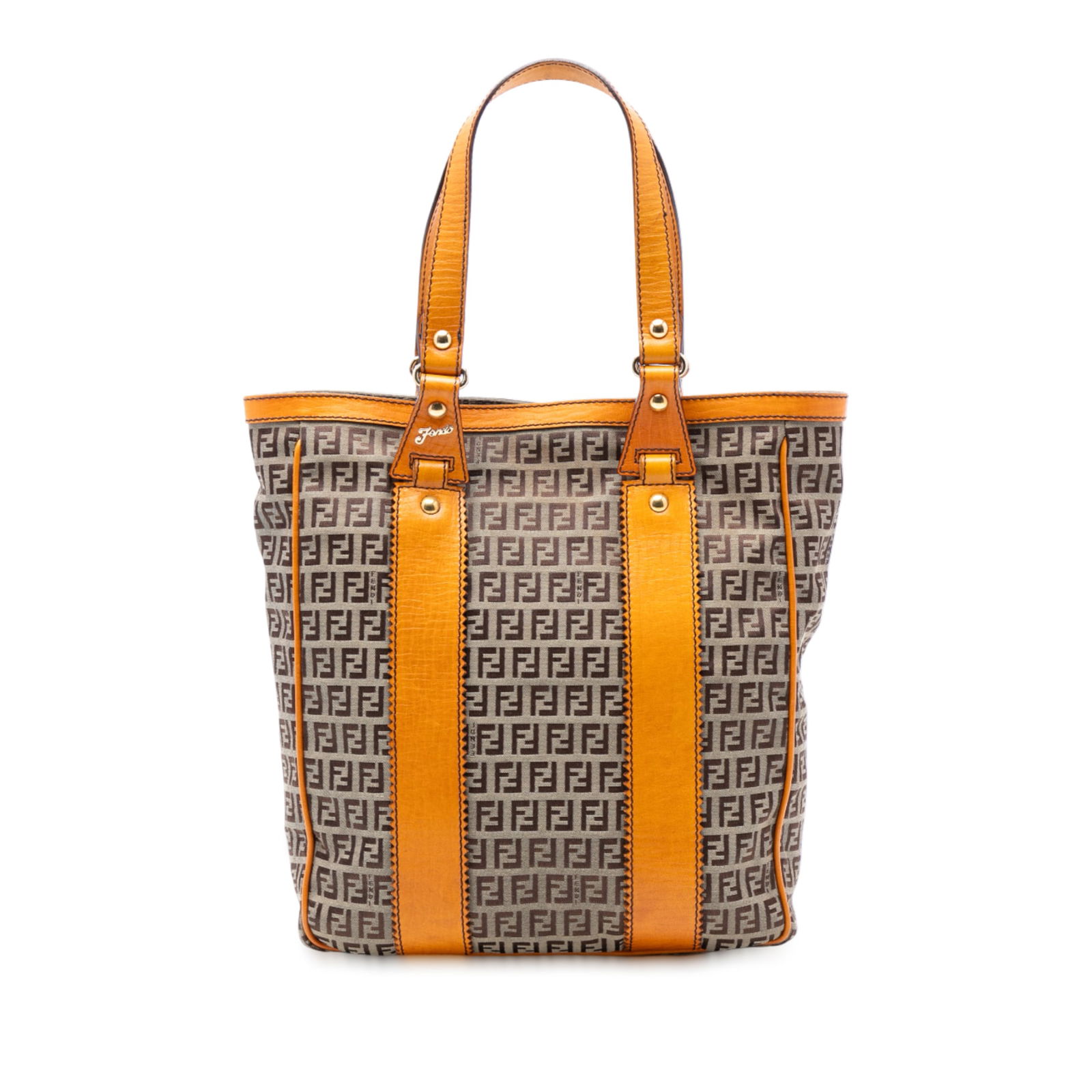 Zucchino Pattern Canvas Tote Bag with Leather Trim by Fendi: Zucchino Pattern Canvas Tote Bag with Leather Trim by Fendi This Fendi Zucchino Canvas Tote features a brown canvas body with leather trim, flat leather straps, an open top, and interior zip and slip