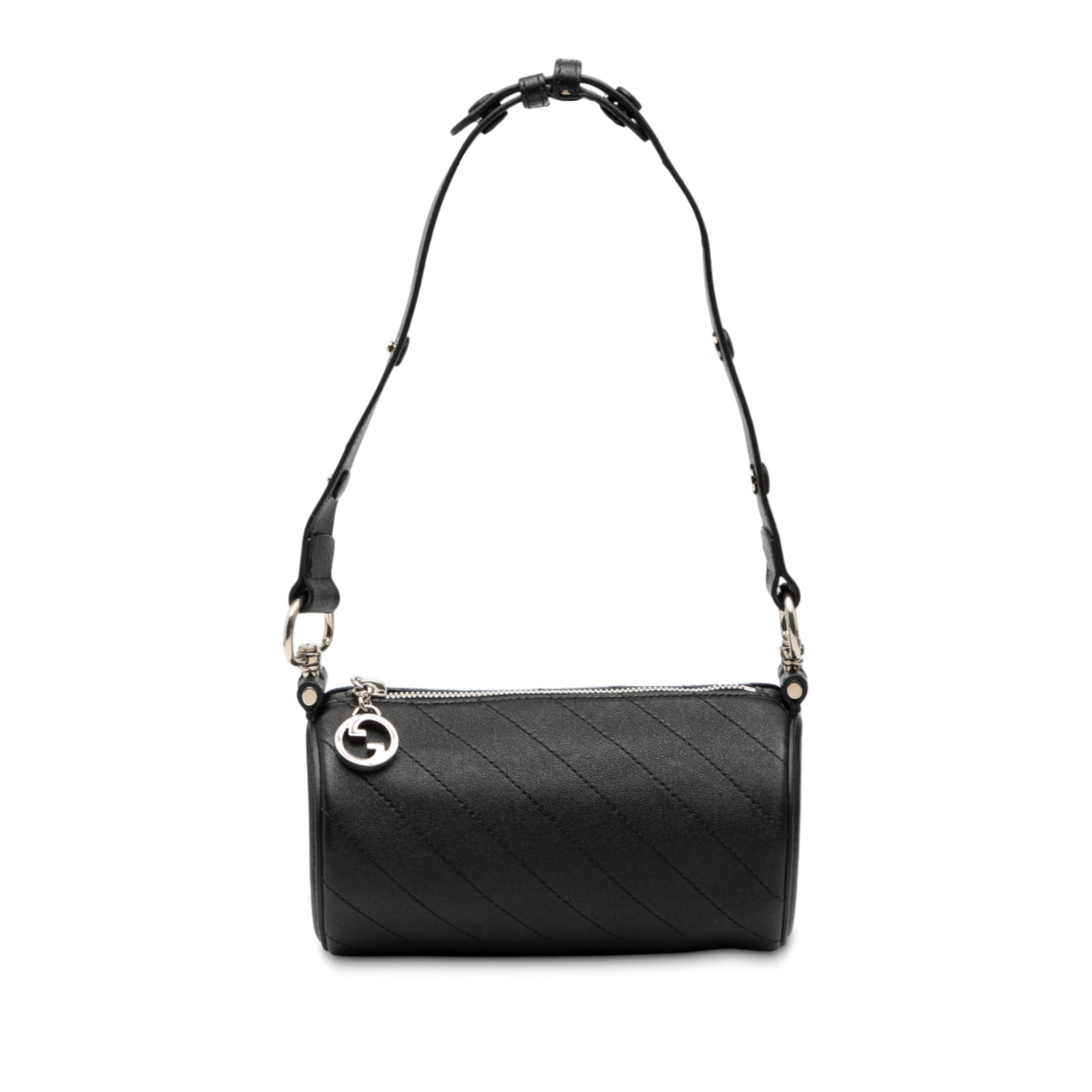 Gucci Black Mini Blondie Barrel Leather Shoulder Bag: Gucci Black Mini Blondie Barrel Leather Shoulder Bag This Gucci Mini Leather Blondie Barrel Shoulder Bag features a black leather body, a flat leather strap, and a top zip closure. The bag shows signs