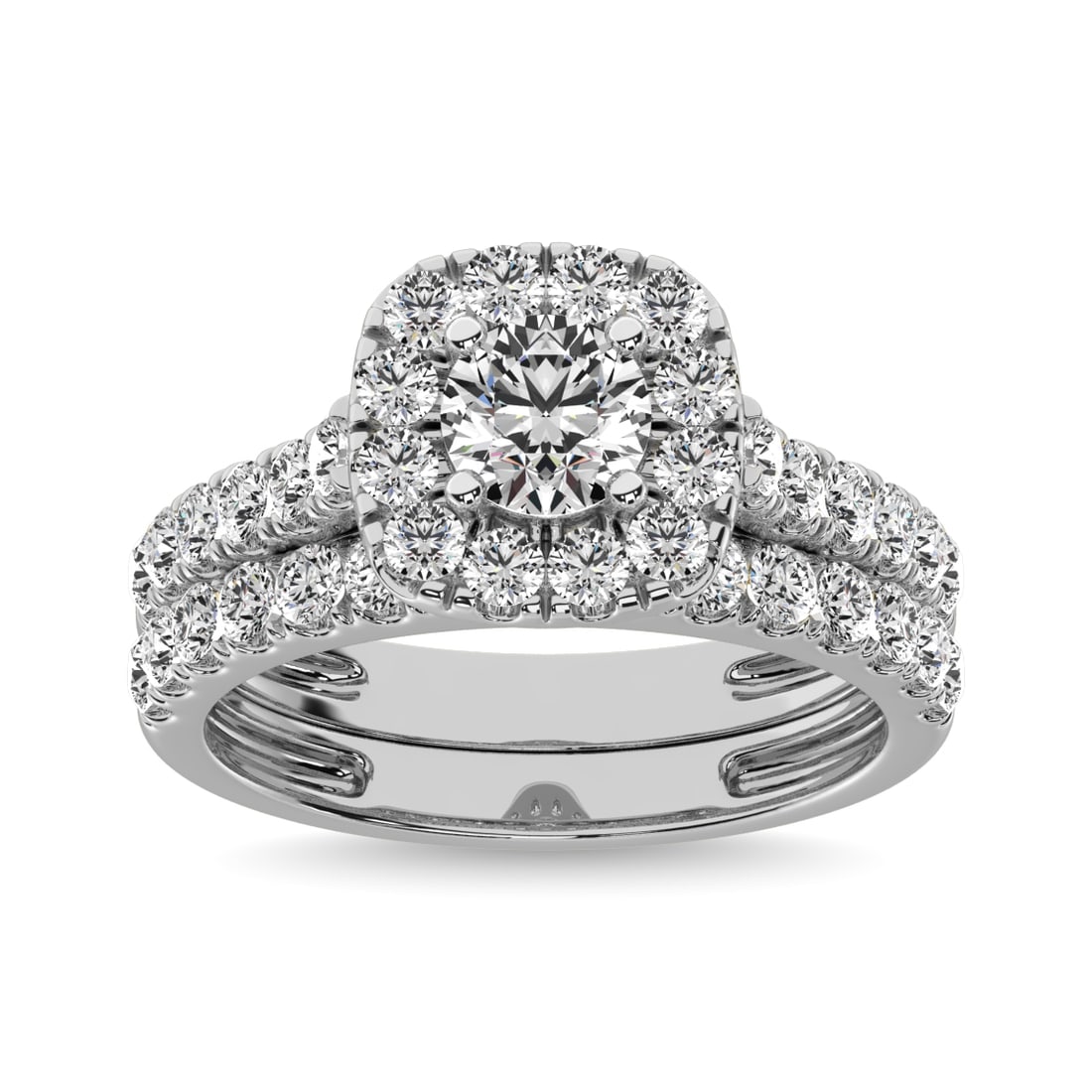 Diamond 2 Ct.tw Round Cut Halo Bridal Ring in 14K White Gold: Diamond 2 Ct.tw Round Cut Halo Bridal Ring in 14K White Gold 14k White Gold Stone Color: G-h Stone Clarity: Si2 Each ring is presented in standard size 6.5. Complimentary resizing is available between