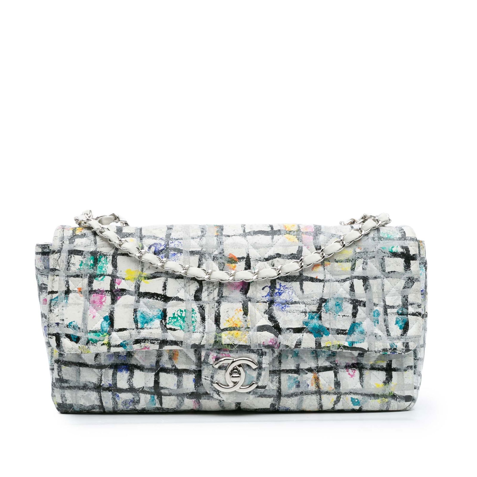Chanel Medium Hand Painted Graffiti Flap Bag White Leather: Chanel Medium Hand Painted Graffiti Flap Bag White Leather Introducing the Chanel Medium Calfskin Hand Painted Graffiti Flap, a unique and stylish addition to any collection. This eye-catching flap ba