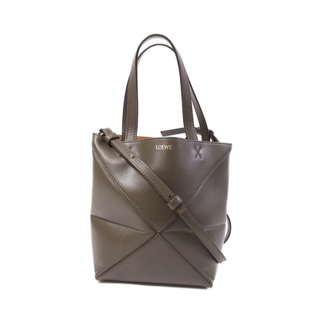 Loewe Mini Puzzle Green Calfskin Leather Tote with Gold Hardware Shoulder Strap: Loewe Mini Puzzle Green Calfskin Leather Tote with Gold Hardware Shoulder Strap This LOEWE Mini Puzzle Fold Tote is a versatile 2-way shoulder bag crafted from high-quality green calfskin leather. Fea