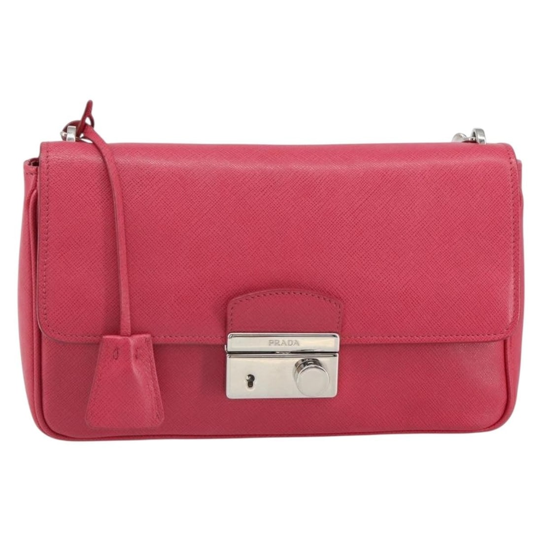 Prada Pink Saffiano Leather Sound Chain Shoulder Bag Italy: Prada Pink Saffiano Leather Sound Chain Shoulder Bag Italy The Prada Sound Chain Shoulder Bag is crafted from pink Saffiano leather and features a chain shoulder strap. This women's bag is designed wi