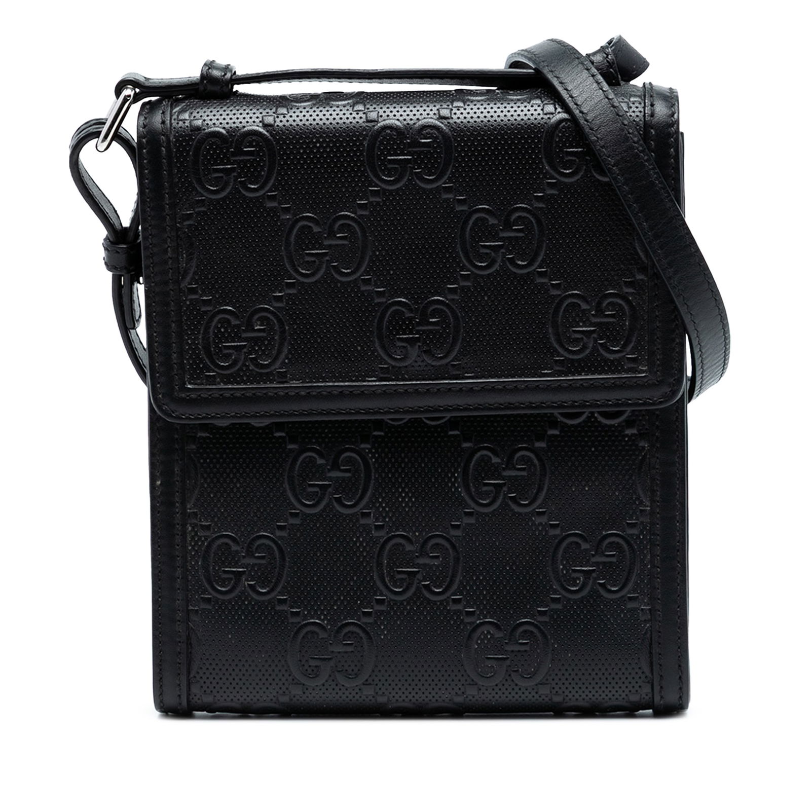 Black GG Embossed Leather Crossbody Bag by Gucci with Flap Closure: Black GG Embossed Leather Crossbody Bag by Gucci with Flap Closure This Gucci crossbody bag features GG embossed and perforated black leather, complemented by a flat leather shoulder strap and a flap