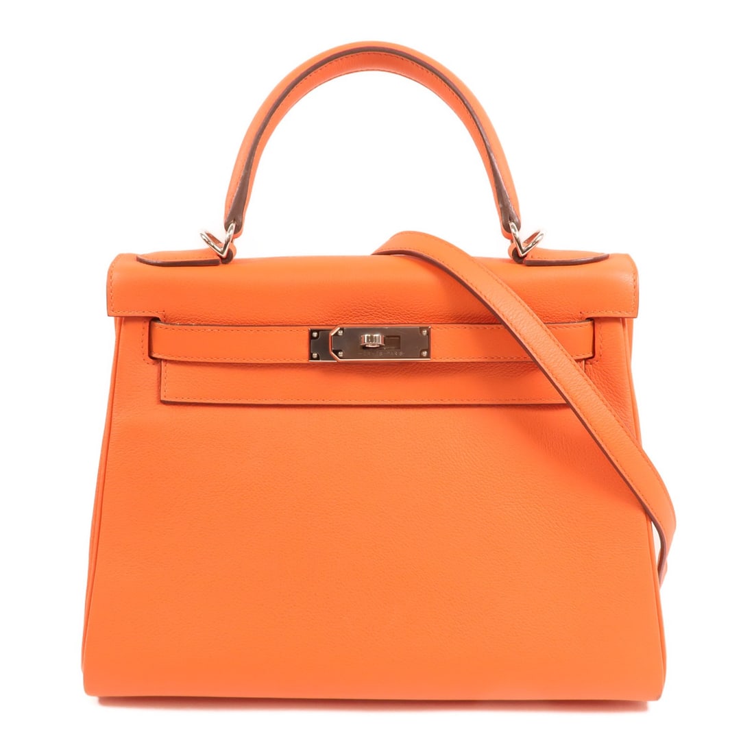 Kelly 28 Evercolor Pink Calfskin Shoulder Bag with Palladium Hardware: Kelly 28 Evercolor Pink Calfskin Shoulder Bag with Palladium Hardware This Hermes Kelly 28 is a versatile 2-way shoulder bag crafted from Evercolor calfskin leather in a Rose Texas pink shade. Designe