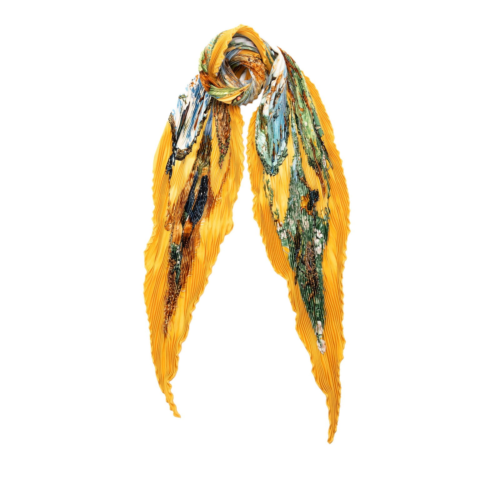 Les Quatre Saisons Yellow Pleated Silk Scarf by Hermes: Les Quatre Saisons Yellow Pleated Silk Scarf by Hermes This Hermes Les Quatre Saisons pleated scarf is crafted from 100% silk and features a vibrant yellow color with the signature Les Quatre Saisons