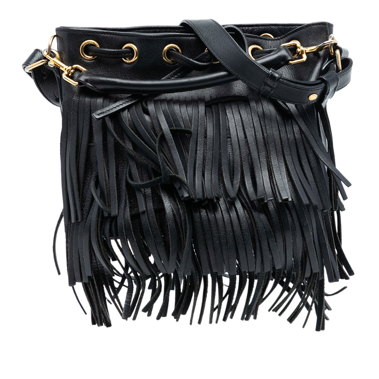Saint Laurent Emmanuelle Small Black Leather Fringe Bucket Bag: Saint Laurent Emmanuelle Small Black Leather Fringe Bucket Bag This Saint Laurent Small Calfskin Emmanuelle Fringe Bucket Bag features a black leather body adorned with fringe details. It includes a d