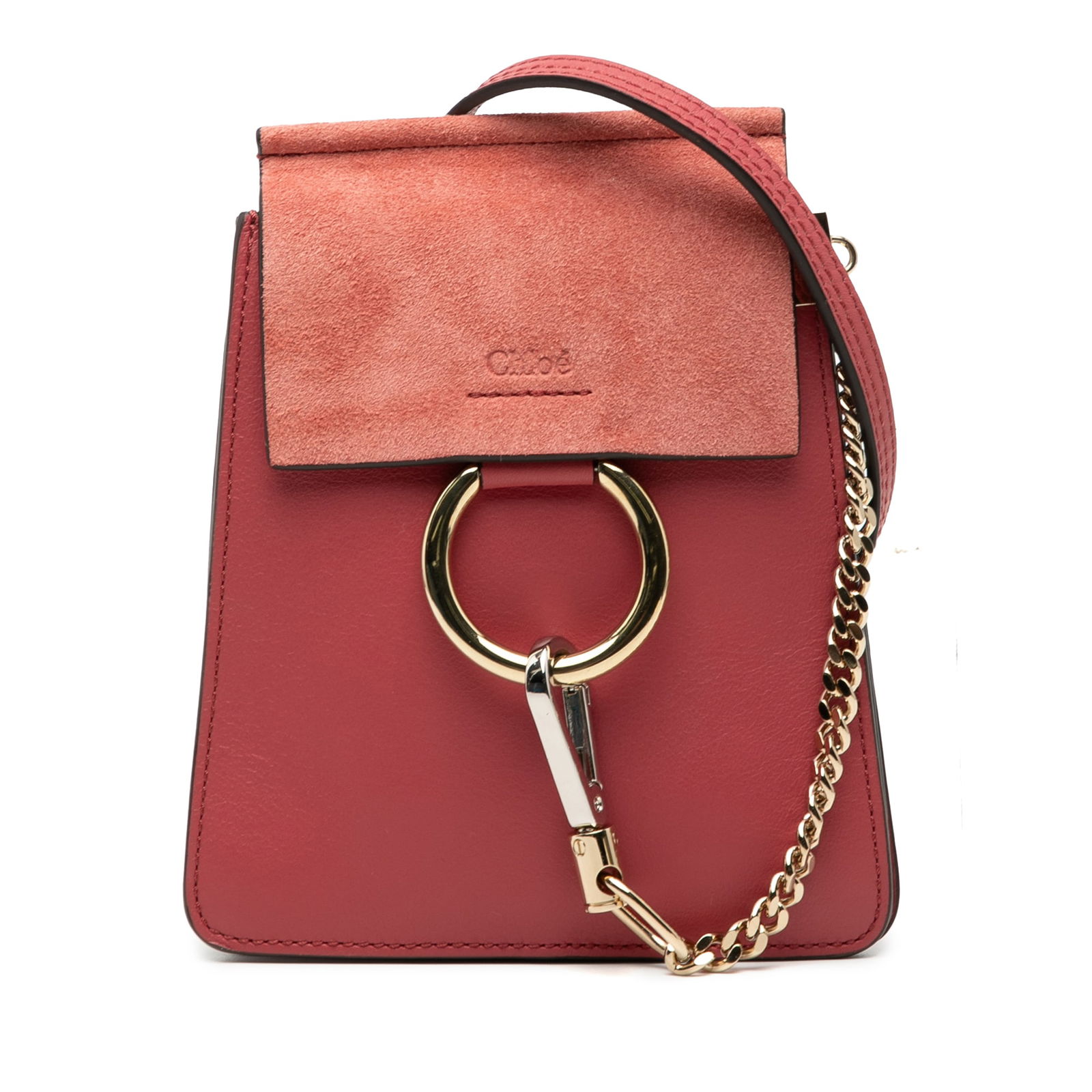 Chloe Faye Mini Red Leather and Suede Bracelet Bag with Metal Handle: Chloe Faye Mini Red Leather and Suede Bracelet Bag with Metal Handle This Chloe Mini Calfskin and Suede Faye Bracelet Bag features a leather body with a mix of smooth calfskin and suede, a distinctive