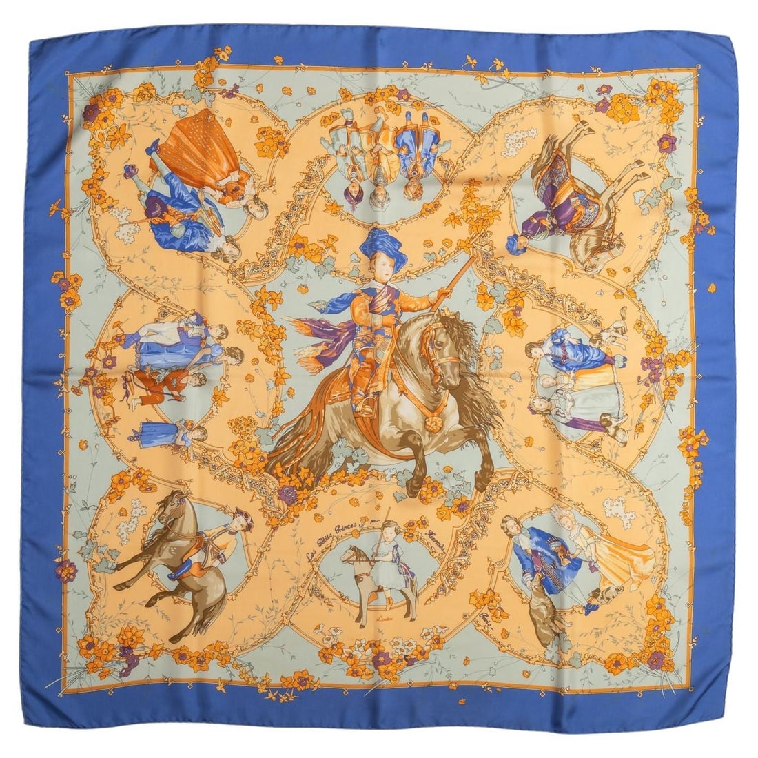 Hermes Petit Prince Silk Scarf Light Blue Peach 35in Hand Rolled Trim: Hermes Petit Prince Silk Scarf Light Blue Peach 35in Hand Rolled Trim Elevate your accessory collection with this exquisite Hermes Petit Prince Silk Scarf. Crafted in France, this luxurious scarf feat