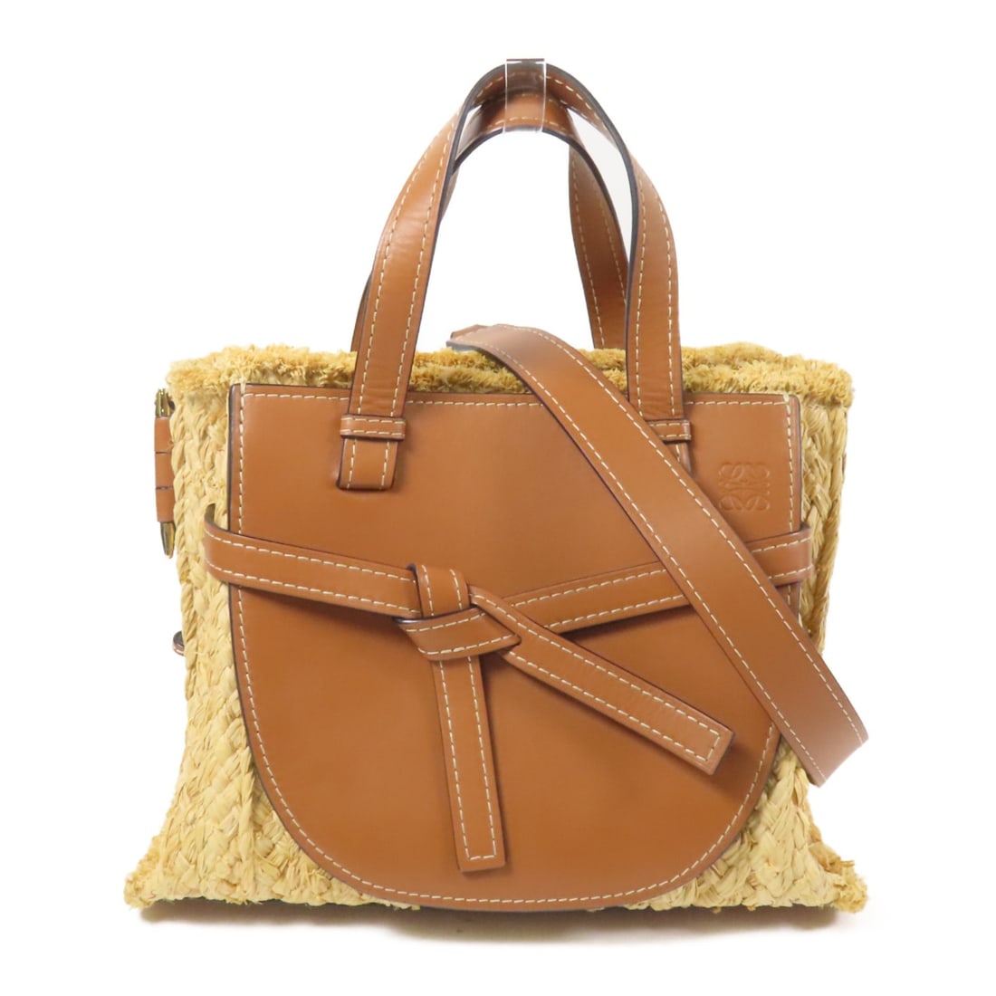 LOEWE GHW Gate Tote 2way Shoulder Bag Brown Calfskin Raffia (1 of 14)