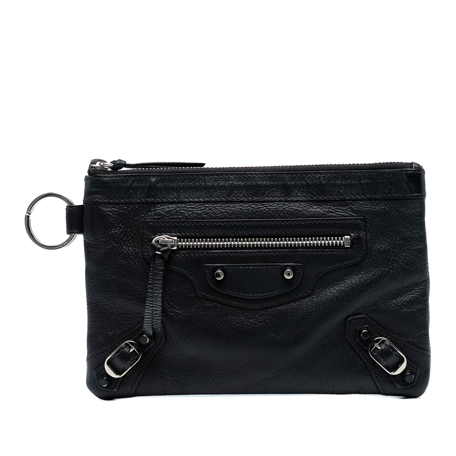 Balenciaga Lambskin Motocross Classic Clip Zip Pouch Black: Balenciaga Lambskin Motocross Classic Clip Zip Pouch Black Introducing the Balenciaga Lambskin Motocross Classic Clip Zip Pouch, a sophisticated accessory crafted from premium leather. This pouch feat