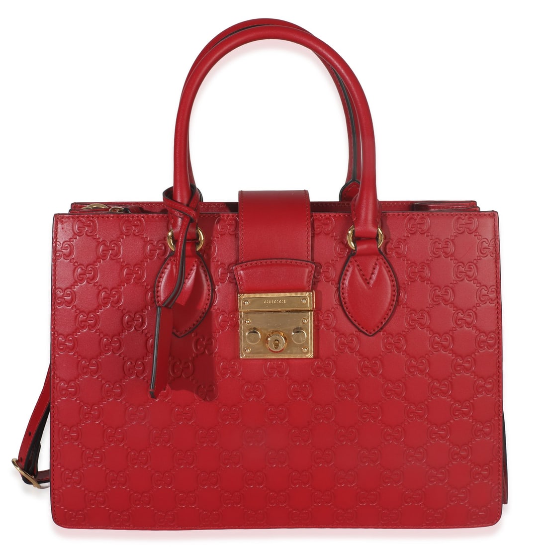 Gucci Padlock Double Handle Red Leather Tote with Accessories: Gucci Padlock Double Handle Red Leather Tote with Accessories This Gucci Padlock Double Handle Tote features the signature Guccissima pattern in red leather. The bag is equipped with double handles an