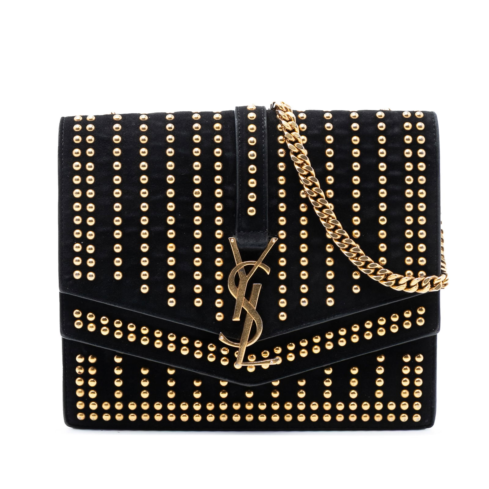 Saint Laurent Sulpice Studded Suede Medium Chain Crossbody Black Bag: Saint Laurent Sulpice Studded Suede Medium Chain Crossbody Black Bag This Saint Laurent Medium Studded Suede Monogram Sulpice Crossbody features a black studded suede leather body, a chain-link strap