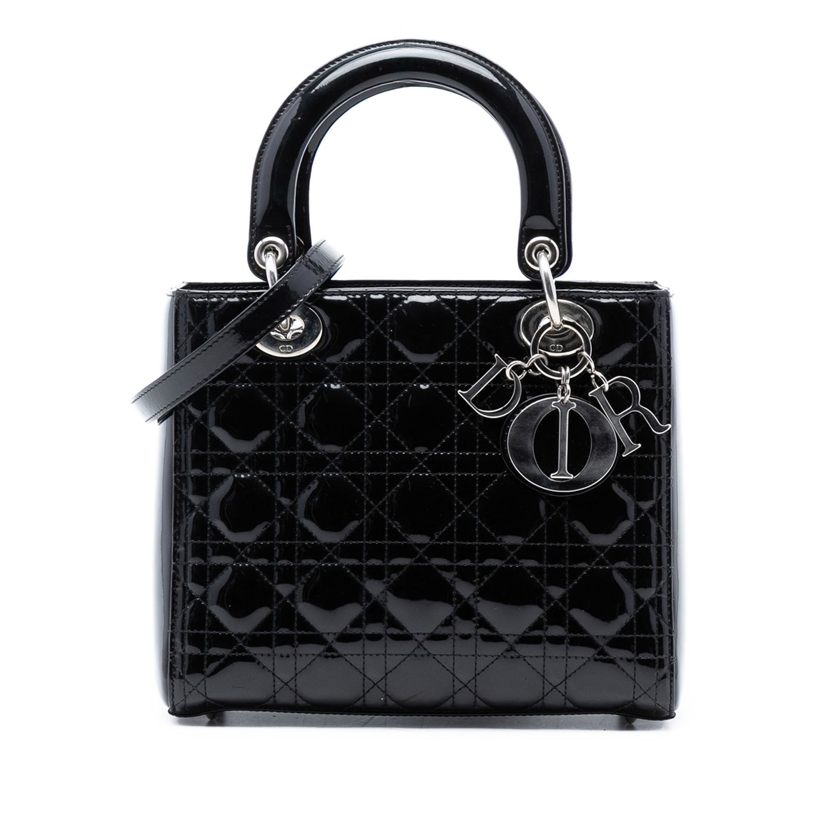 Dior Lady Dior Medium Black Patent Leather Cannage Handbag with Strap: Dior Lady Dior Medium Black Patent Leather Cannage Handbag with Strap This Medium Patent Cannage Lady Dior bag features a quilted patent leather exterior in black with flat leather top handles and a d