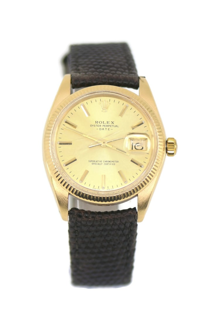 Rolex Oyster Perpetual Date 18K Yellow Gold Watch Ref 1503 with Box: Rolex Oyster Perpetual Date 18K Yellow Gold Watch Ref 1503 with Box This exquisite Rolex Oyster Perpetual Date watch features an elegant 18K yellow gold case measuring 34mm, showcasing a classic champ