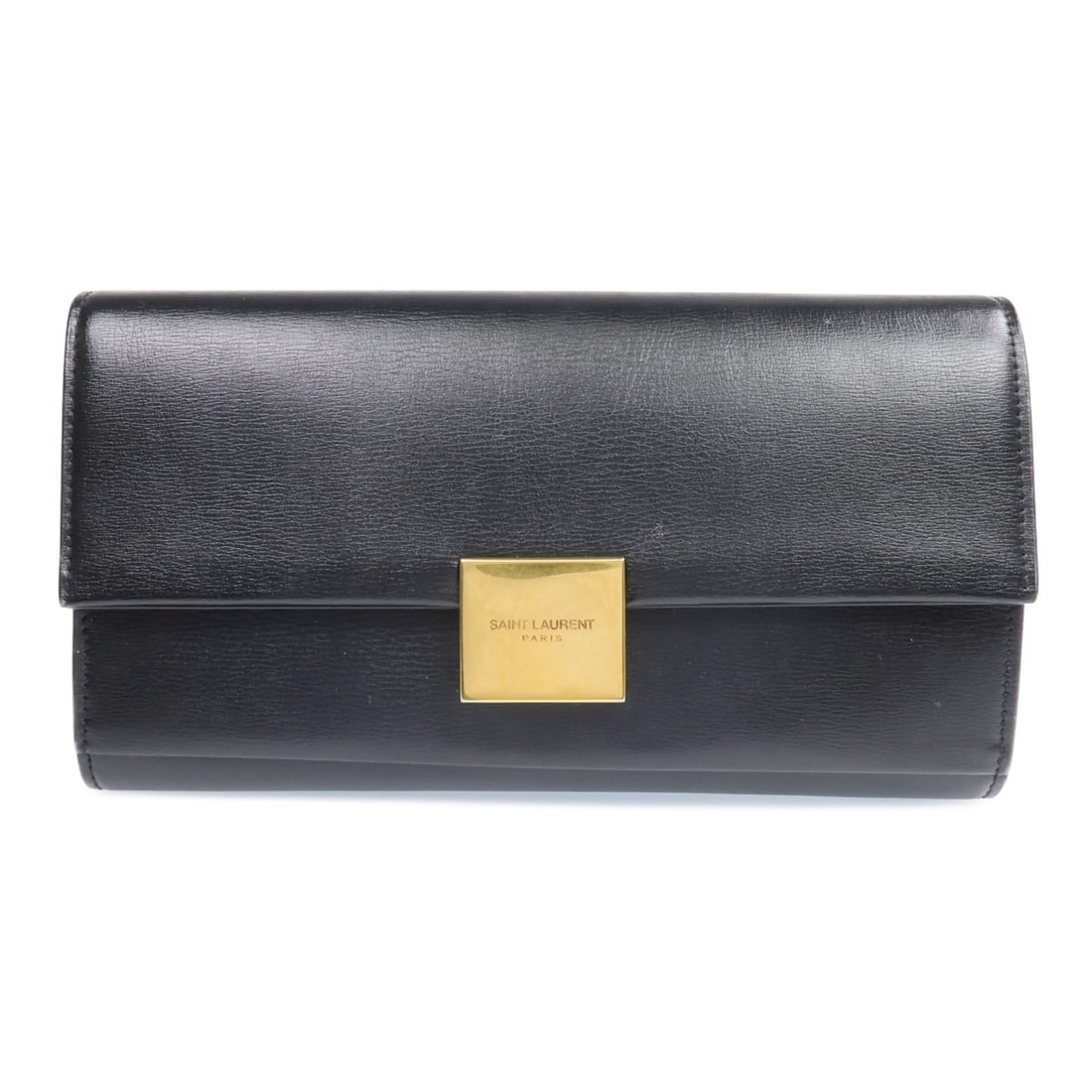 Yves Saint Laurent Black Calfskin Long Bifold Wallet with Gold Hardware: Yves Saint Laurent Black Calfskin Long Bifold Wallet with Gold Hardware This Saint Laurent long bifold purse is crafted from black calfskin leather, offering a durable and elegant accessory. The walle