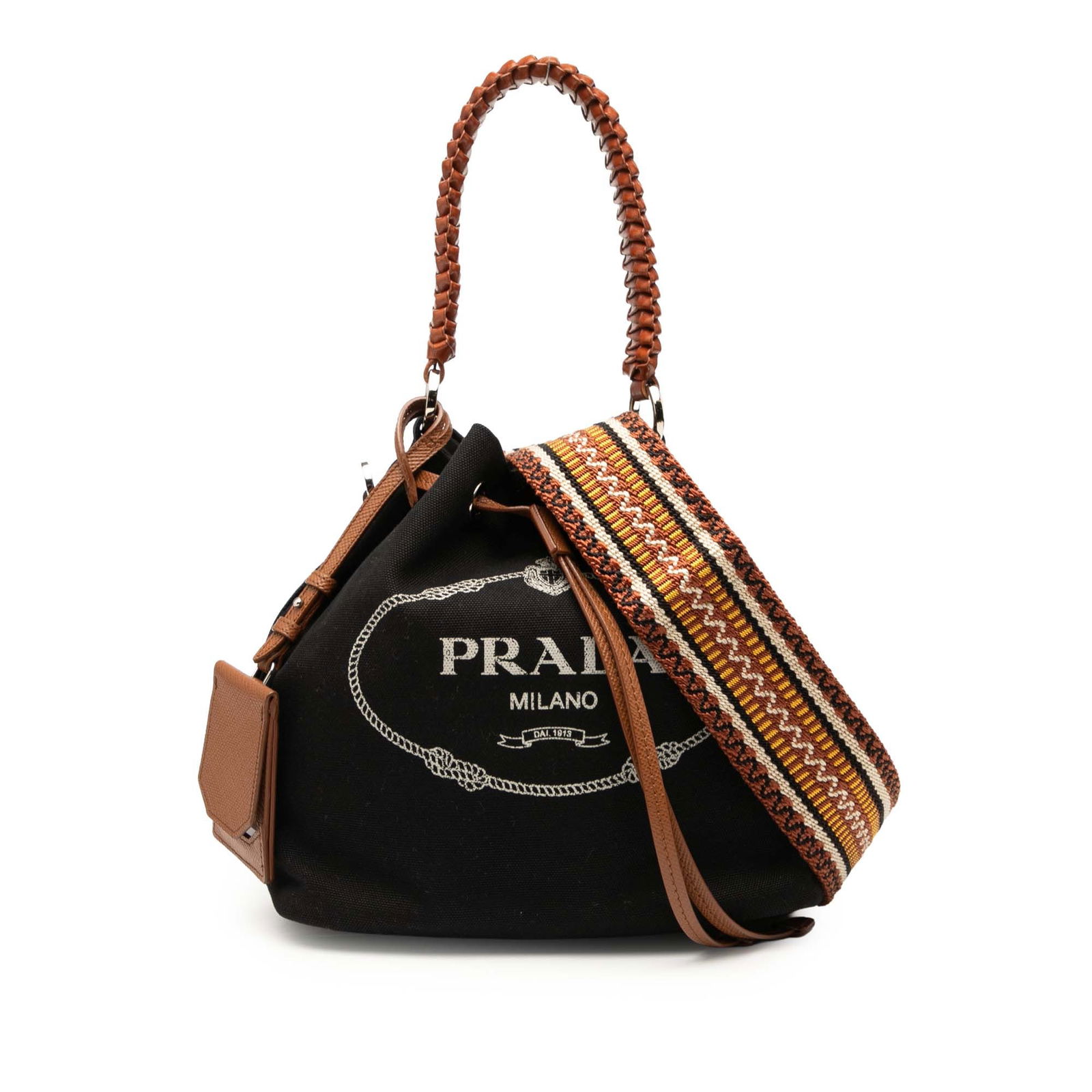 Prada Canapa Canvas Black Bucket Bag with Braided Handle and Logo: Prada Canapa Canvas Black Bucket Bag with Braided Handle and Logo This Prada Canvas Canapa Logo Bucket Bag features a durable black canvas body with a braided handle, a detachable flat canvas strap, a