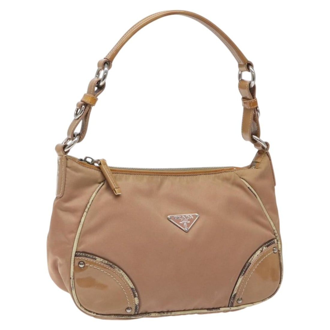 Prada Tessuto Nylon Beige Zip Hobo Shoulder Bag with Leather Trim: Prada Tessuto Nylon Beige Zip Hobo Shoulder Bag with Leather Trim This Prada Zip Hobo bag for women features a beige Tessuto nylon body with leather accents. Made in Italy, it is designed with a zip c