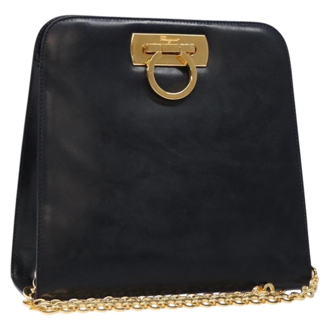 Navy Leather Gancini Shoulder Bag by Salvatore Ferragamo: Navy Leather Gancini Shoulder Bag by Salvatore Ferragamo This Salvatore Ferragamo Gancini shoulder bag is crafted from navy leather, designed for women. It features a structured silhouette with a shou
