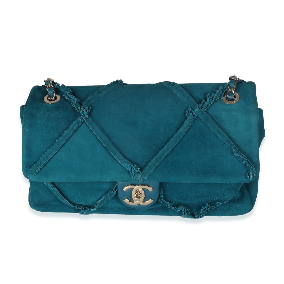 Chanel Diamond Fringe Medium Flap Bag Teal Suede Gold-Tone Hardware: Chanel Diamond Fringe Medium Flap Bag Teal Suede Gold-Tone Hardware This elegant Chanel Diamond Fringe Medium Flap Bag is crafted from luxurious teal suede goatskin, showcasing a unique diamond fringe