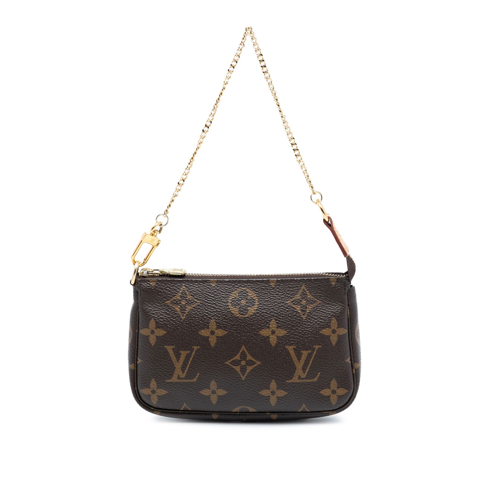 Louis Vuitton Mini Monogram Canvas Pouch with Gold Chain Strap: Louis Vuitton Mini Monogram Canvas Pouch with Gold Chain Strap This Louis Vuitton Mini Pochette Accessoires features the signature monogram canvas body, complemented by a gold-tone curb chain strap an