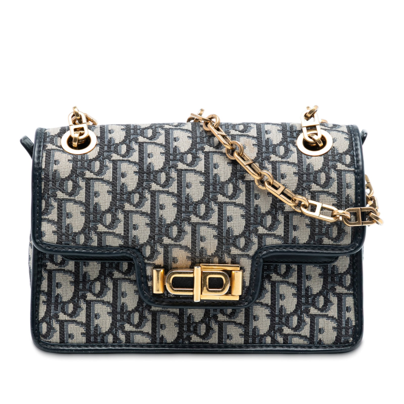 Dior Oblique CD Lock Canvas Chain Flap Crossbody Bag: Dior Oblique CD Lock Canvas Chain Flap Crossbody Bag This Dior Oblique Canvas CD Lock Chain Flap Crossbody bag features a blue canvas body with leather trim, a chain link strap, a front flap secured b