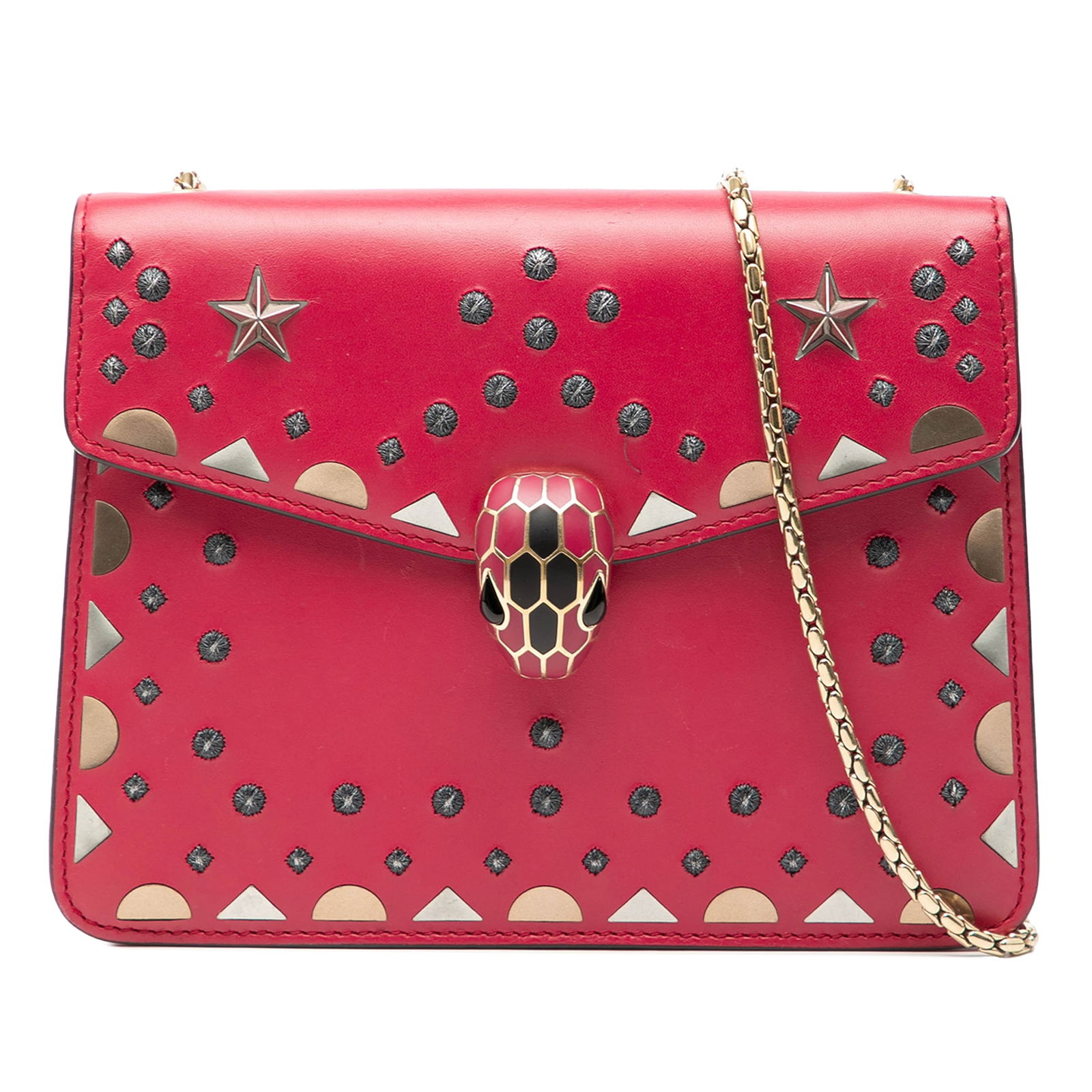 Serpenti Forever Small Red Leather Crossbody with Studs and Laser Cut Pattern: Serpenti Forever Small Red Leather Crossbody with Studs and Laser Cut Pattern This Bvlgari Small Serpenti Forever crossbody bag features a studded leather body with laser cut detailing, a chain should