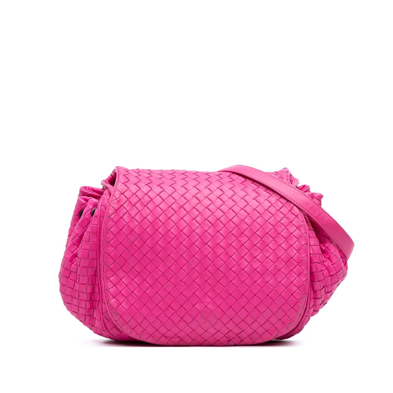 Bottega Veneta Pink Nappa Intrecciato Flap Leather Crossbody Bag: Bottega Veneta Pink Nappa Intrecciato Flap Leather Crossbody Bag This Bottega Veneta Nappa Intrecciato Flap Crossbody is crafted from exquisite woven nappa leather, showcasing a stylish pink hue. The
