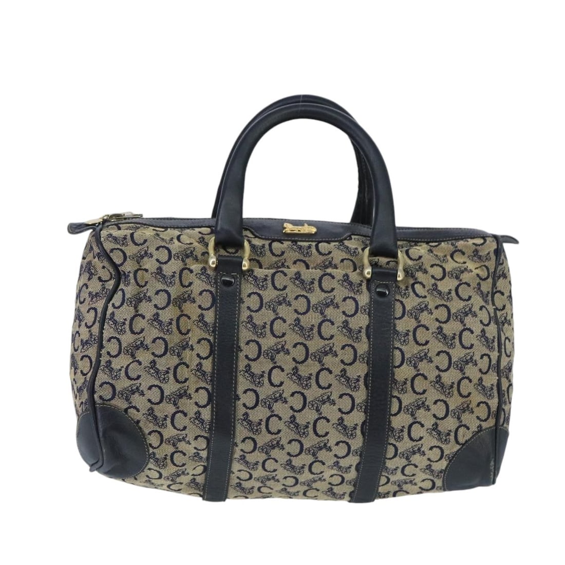 Celine C Sulky Navy Canvas Boston Handbag 32cm by 19cm by 13cm: Celine C Sulky Navy Canvas Boston Handbag 32cm by 19cm by 13cm This Celine C Sulky Boston bag for women features a navy canvas exterior accented with leather handles and metal fittings. The bag shows