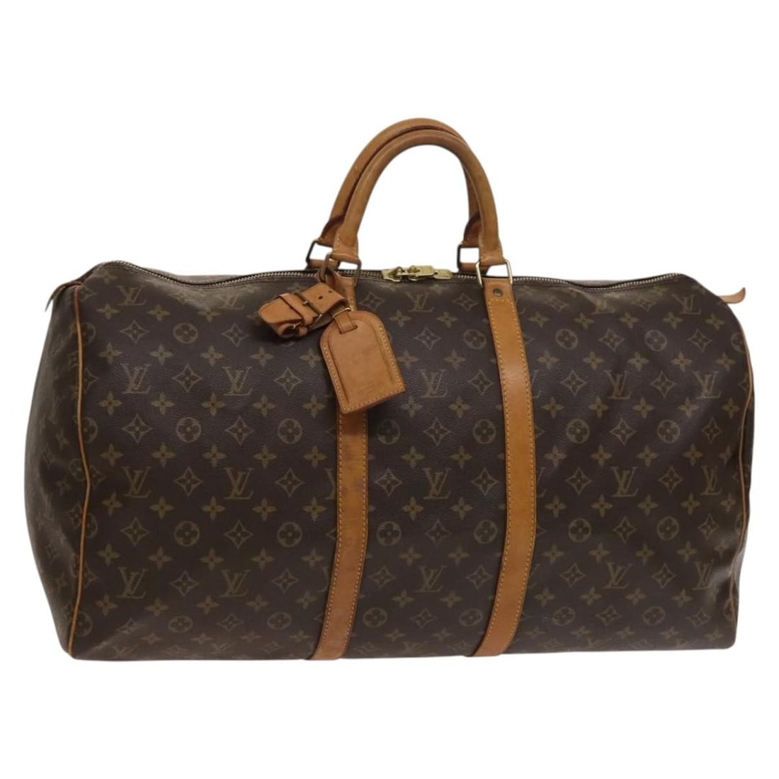 Keepall Monogram Canvas Travel Bag by Louis Vuitton: Keepall Monogram Canvas Travel Bag by Louis Vuitton This Louis Vuitton Keepall Bag features the iconic monogram canvas in brown and is designed for unisex use. The bag shows signs of wear, including l