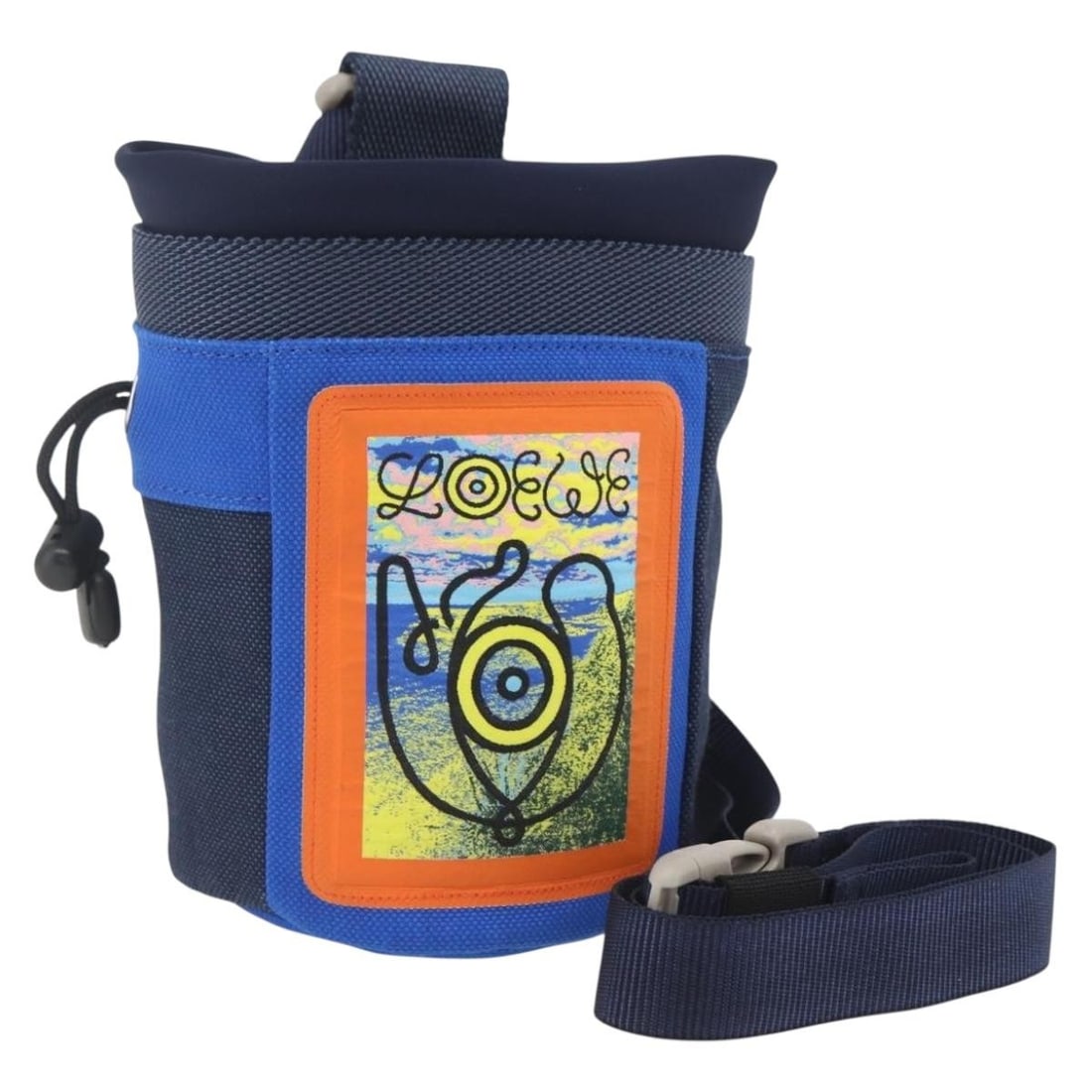 Loewe Canvas Eye Nature Navy Gold Shoulder Bag with Dust Bag: Loewe Canvas Eye Nature Navy Gold Shoulder Bag with Dust Bag This LOEWE Eye Nature shoulder bag features a navy and gold canvas exterior and is crafted with attention to detail in Japan. The compact d