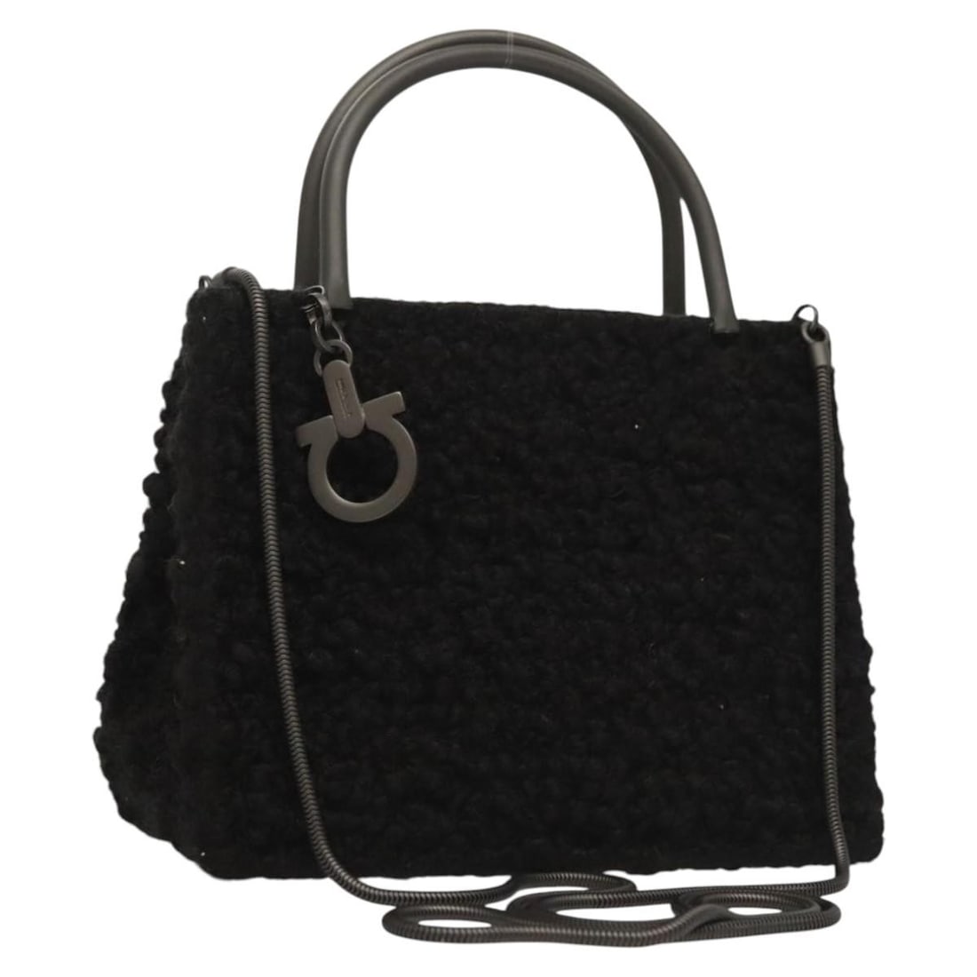 Salvatore Ferragamo Wool Gancini Shoulder Bag for Women: Salvatore Ferragamo Wool Gancini Shoulder Bag for Women This Salvatore Ferragamo Gancini handbag for women features a black wool exterior with metal fittings. The bag shows slight signs of wear includ
