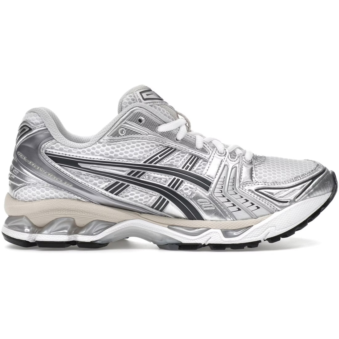 Gel-Kayano 14 Sneakers by Asics in White and Graphite Grey: Gel-Kayano 14 Sneakers by Asics in White and Graphite Grey The ASICS GEL-KAYANO 14 in White and Graphite Grey combines early 2000s running shoe aesthetics with modern performance features. It has a br