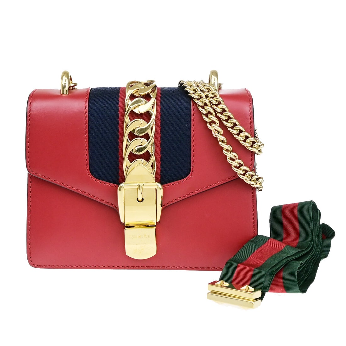 Gucci Sylvie Red Leather Shoulder Bag Made in Italy: Gucci Sylvie Red Leather Shoulder Bag Made in Italy The Gucci Sylvie Shoulder Bag is crafted from red leather and designed for women. This Italian-made bag features an elegant silhouette with a spacio
