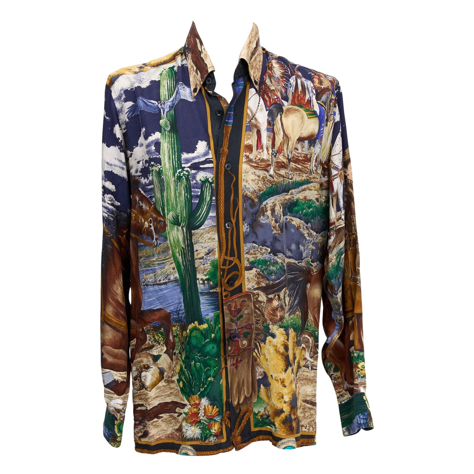 Hermes Black Navy Silk Shirt Kermit Oliver Native American Print: Hermes Black Navy Silk Shirt Kermit Oliver Native American Print Experience luxury with this Hermes Black Navy Pony Express Silk Shirt, made from 100% silk. This elegant button-down features a strikin