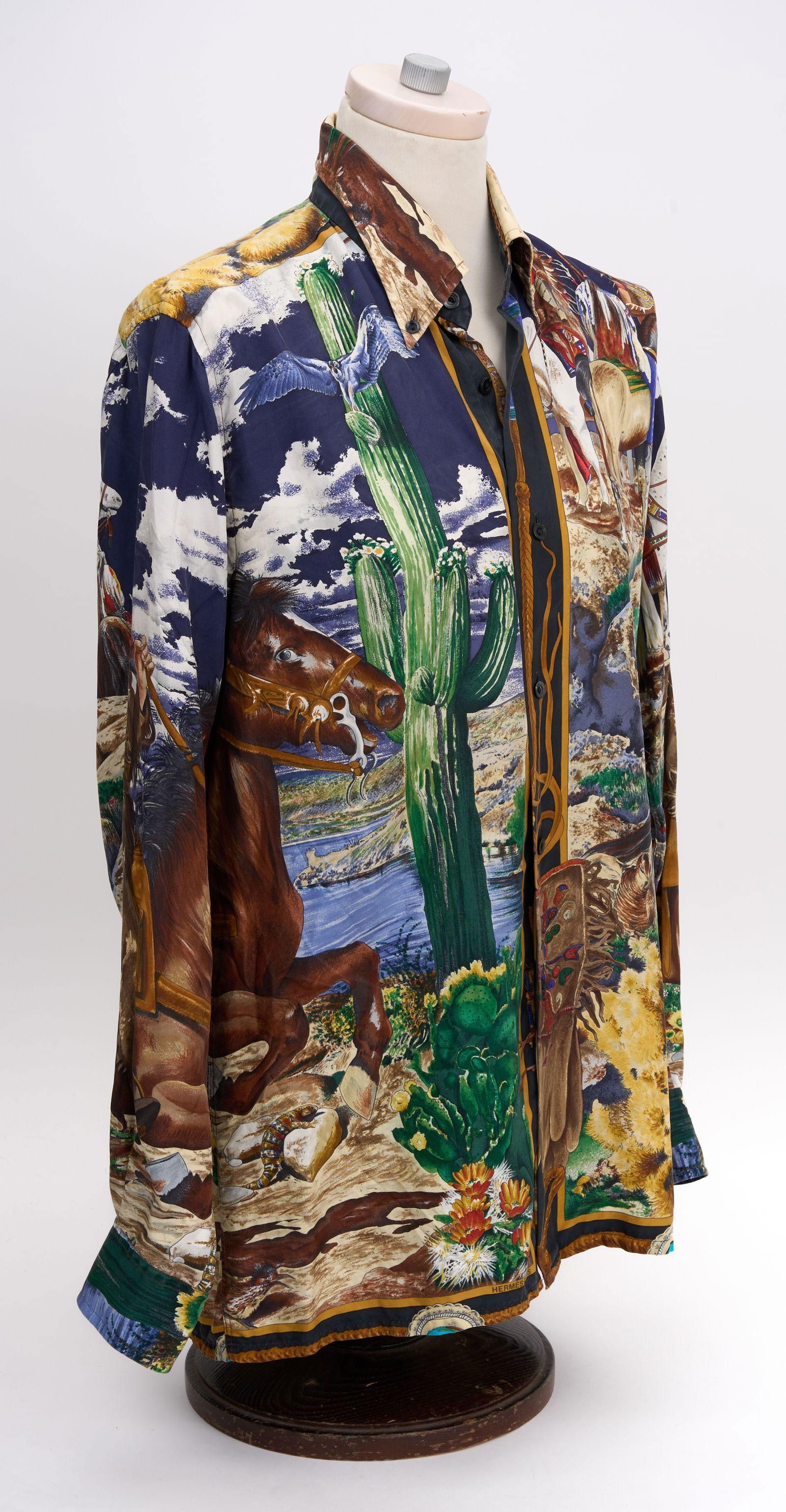 Hermes Black Navy Silk Shirt Kermit Oliver Native American Print - 2