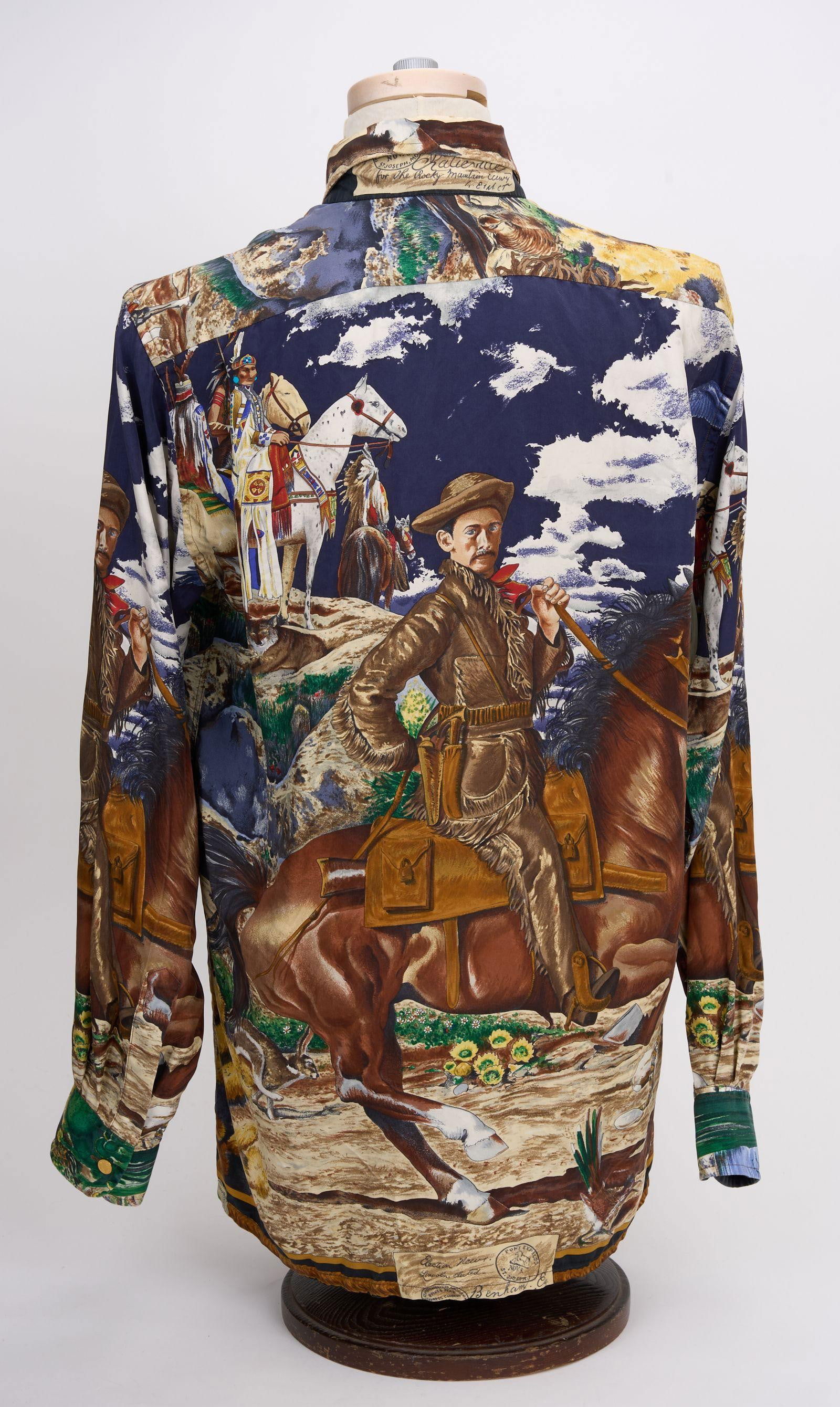 Hermes Black Navy Silk Shirt Kermit Oliver Native American Print - 3