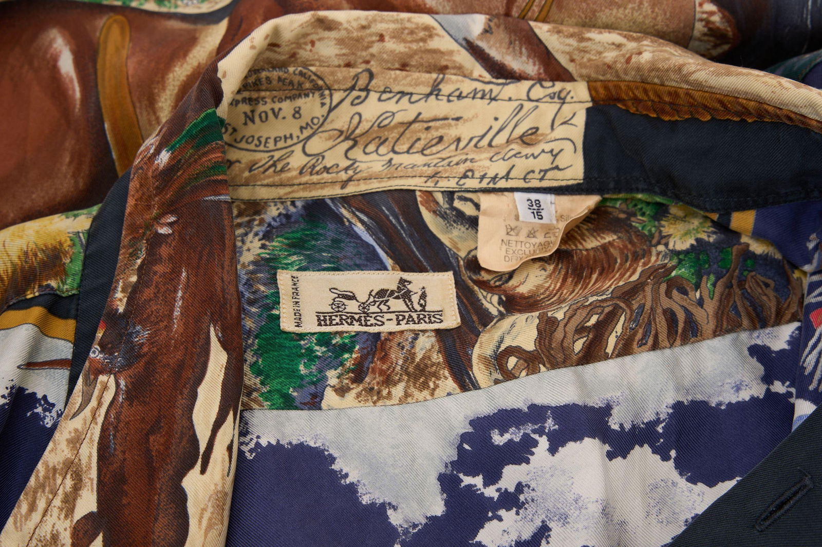 Hermes Black Navy Silk Shirt Kermit Oliver Native American Print - 4