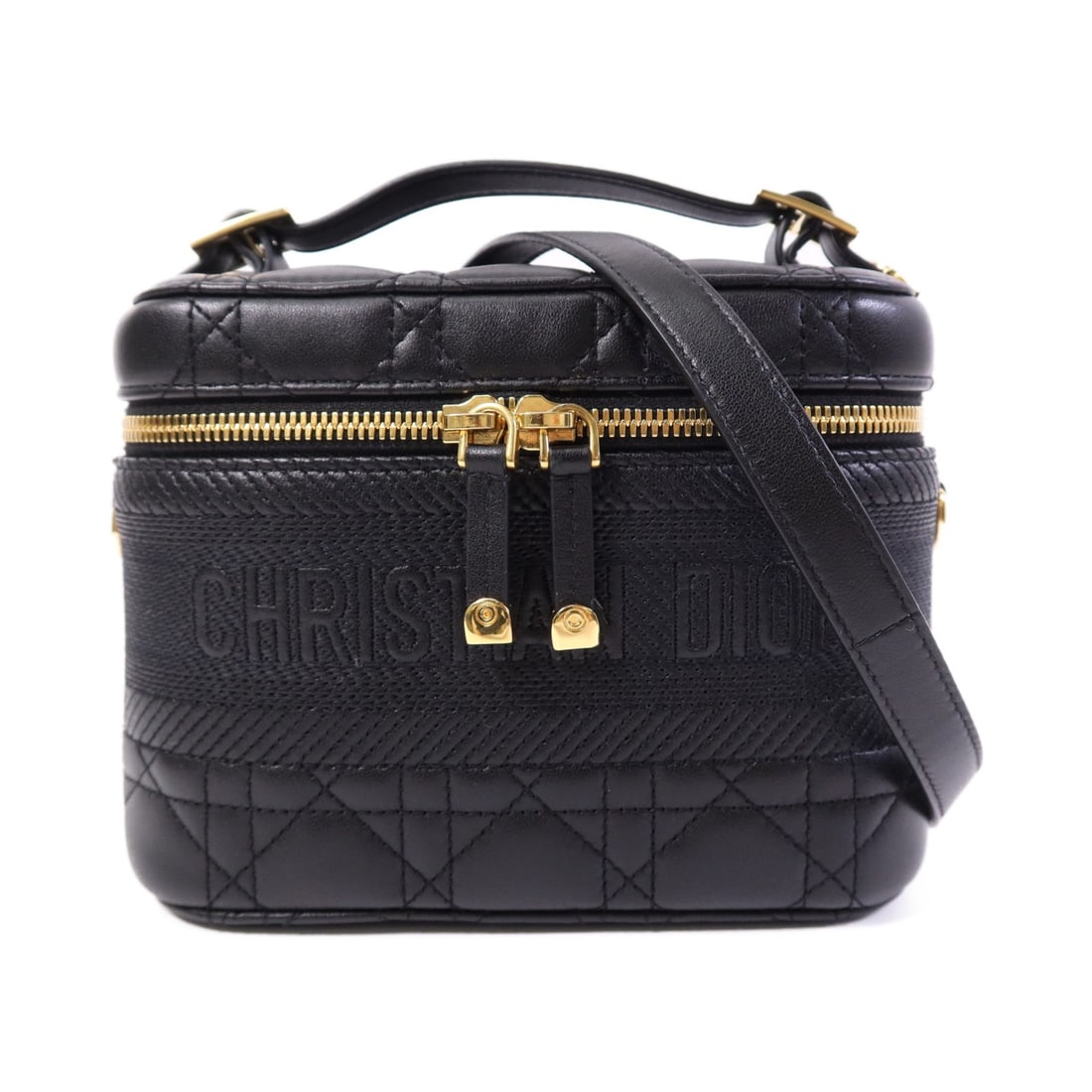 Dior Black Calfskin Vanity Shoulder Bag with Gold Hardware: Dior Black Calfskin Vanity Shoulder Bag with Gold Hardware This Christian Dior 2-way travel vanity shoulder bag is crafted from black calfskin leather and features gold tone hardware. The versatile de
