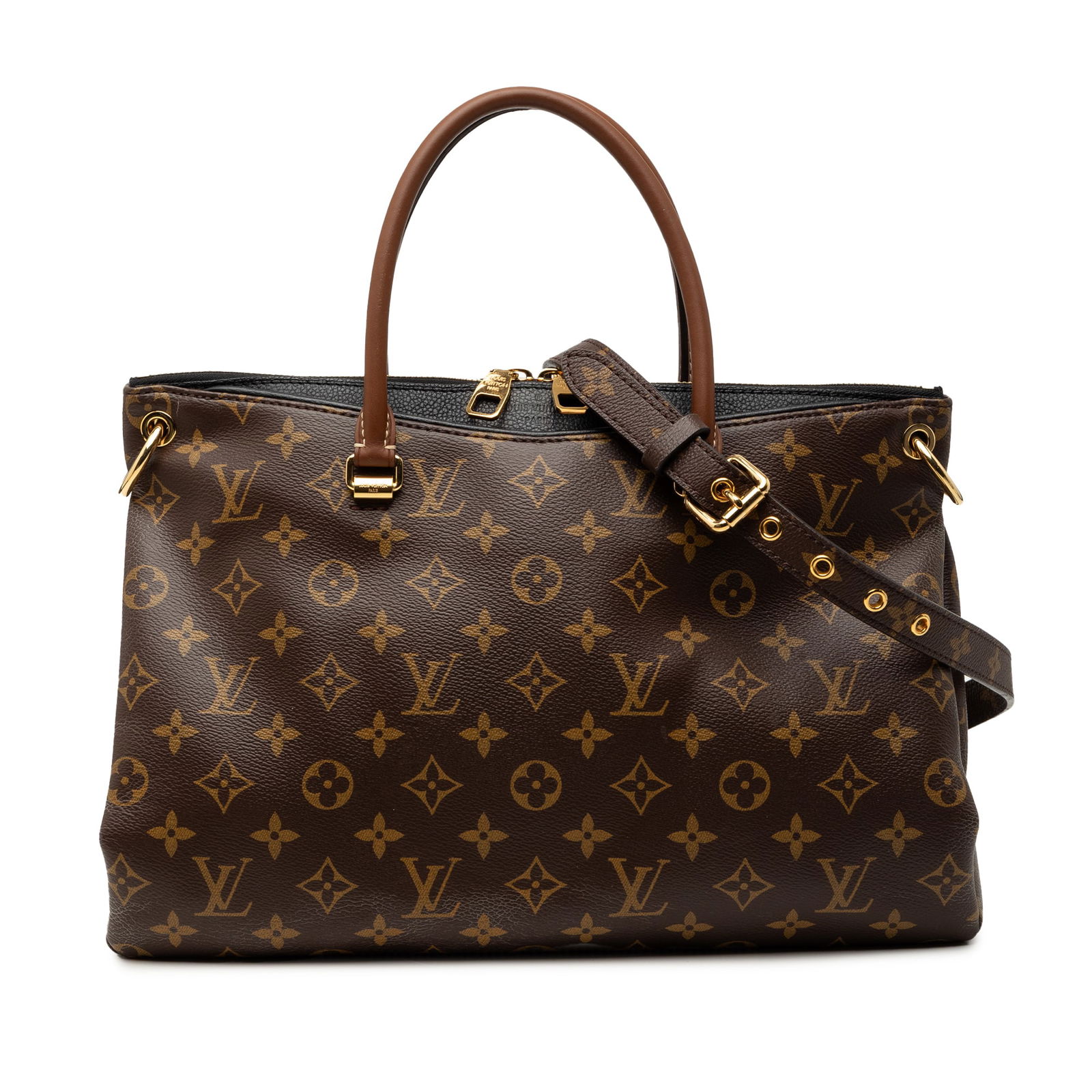 Monogram Pallas MM Satchel by Louis Vuitton with Leather Trim: Monogram Pallas MM Satchel by Louis Vuitton with Leather Trim The Louis Vuitton Monogram Pallas MM satchel features a monogram canvas body with leather trim, rolled leather handles, a detachable flat